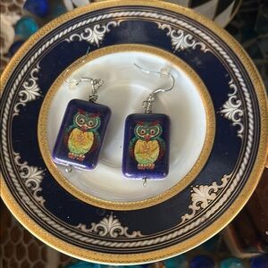 Owl on Purple Howlite Rectangle Stone Dangle Earrings